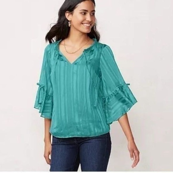 LC Lauren Conrad Tops - Lauren Conrad Blue Metallic Petal Sleeve Petal Top